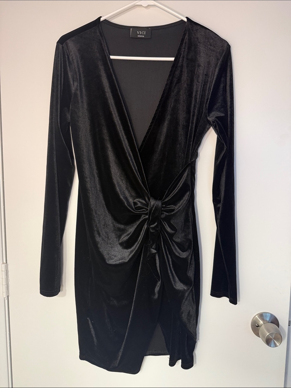 Vici Black Velvet Long Sleeve Twist Front Mini Dress